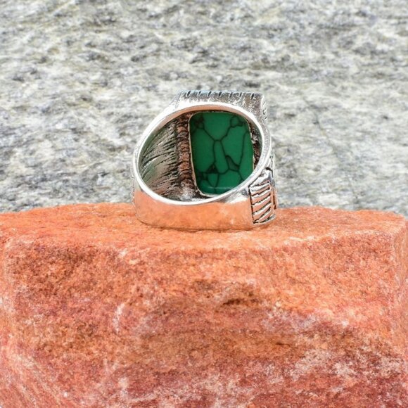 Ridge Weston Mens Square Green Turquoise Etched Silver Ring Size 9 Gift Boxed - Picture 4 of 9